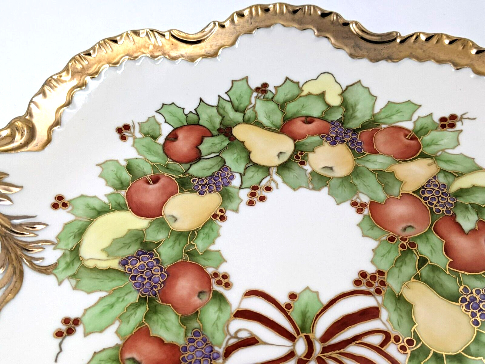 Hand Painted Ceramic Fruit Holly Berry Handled Platter Heavy Gold Trim Signed