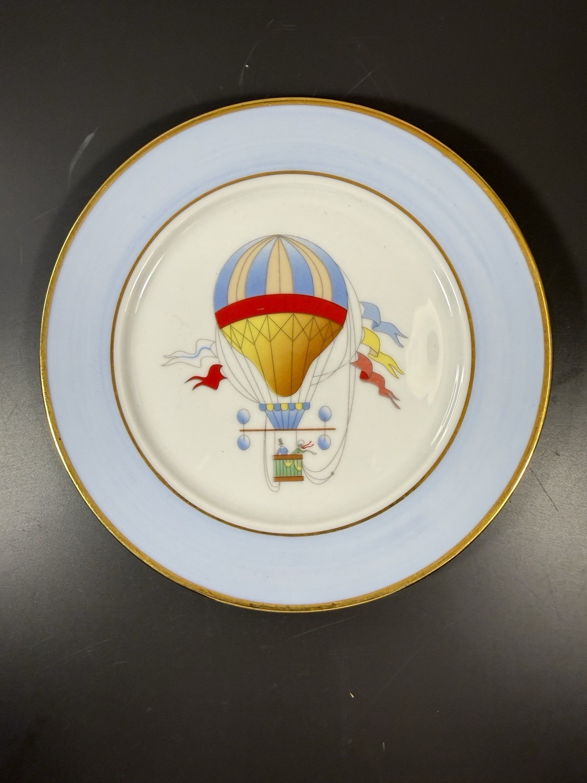 St Limoges Hot Air Balloon Decorative Porcelain Plate Blue Gold Trim 8in