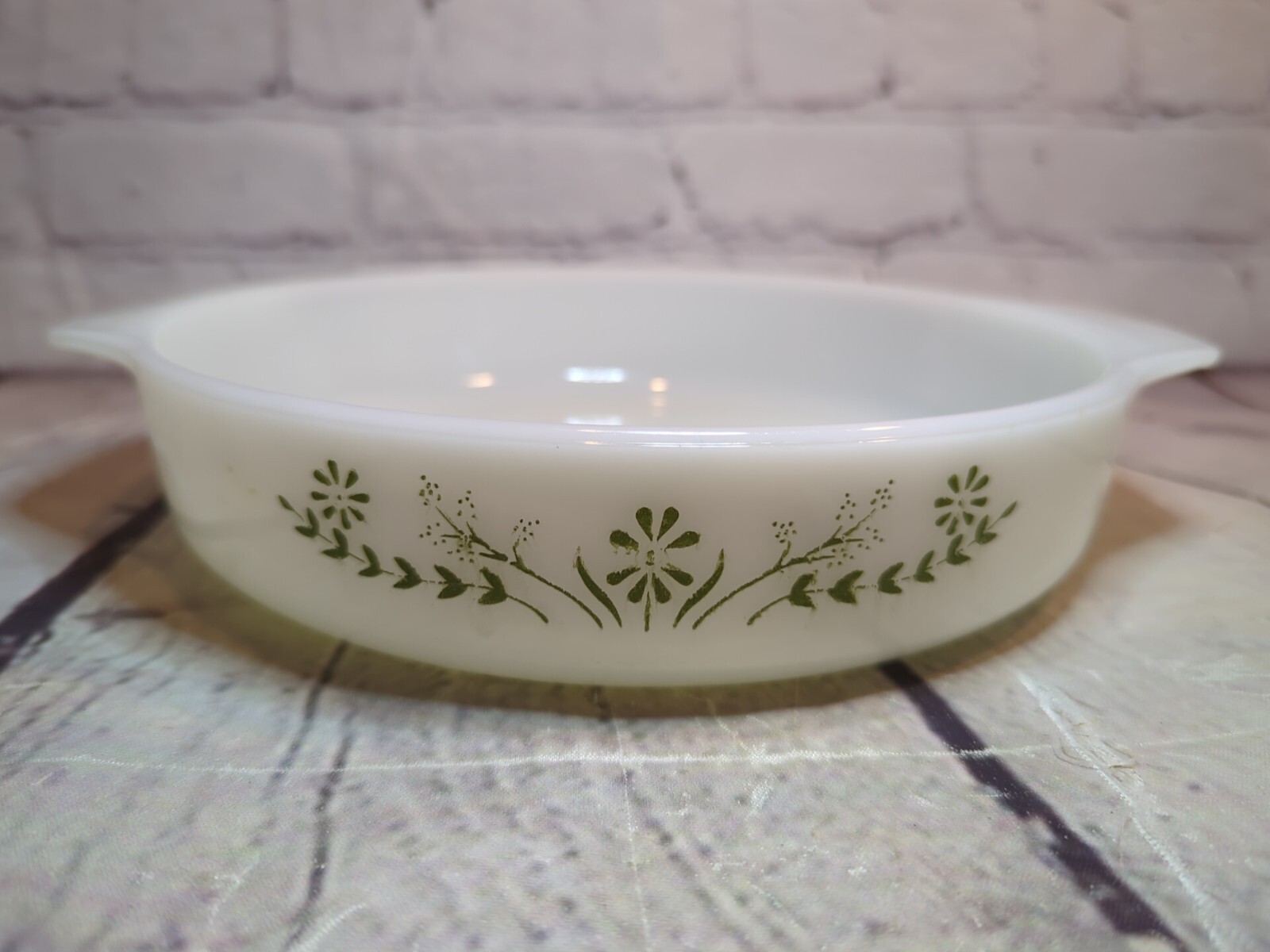 Vintage Glasbake 8.75” Round Green Flower And White Casserole Dish With Handles.