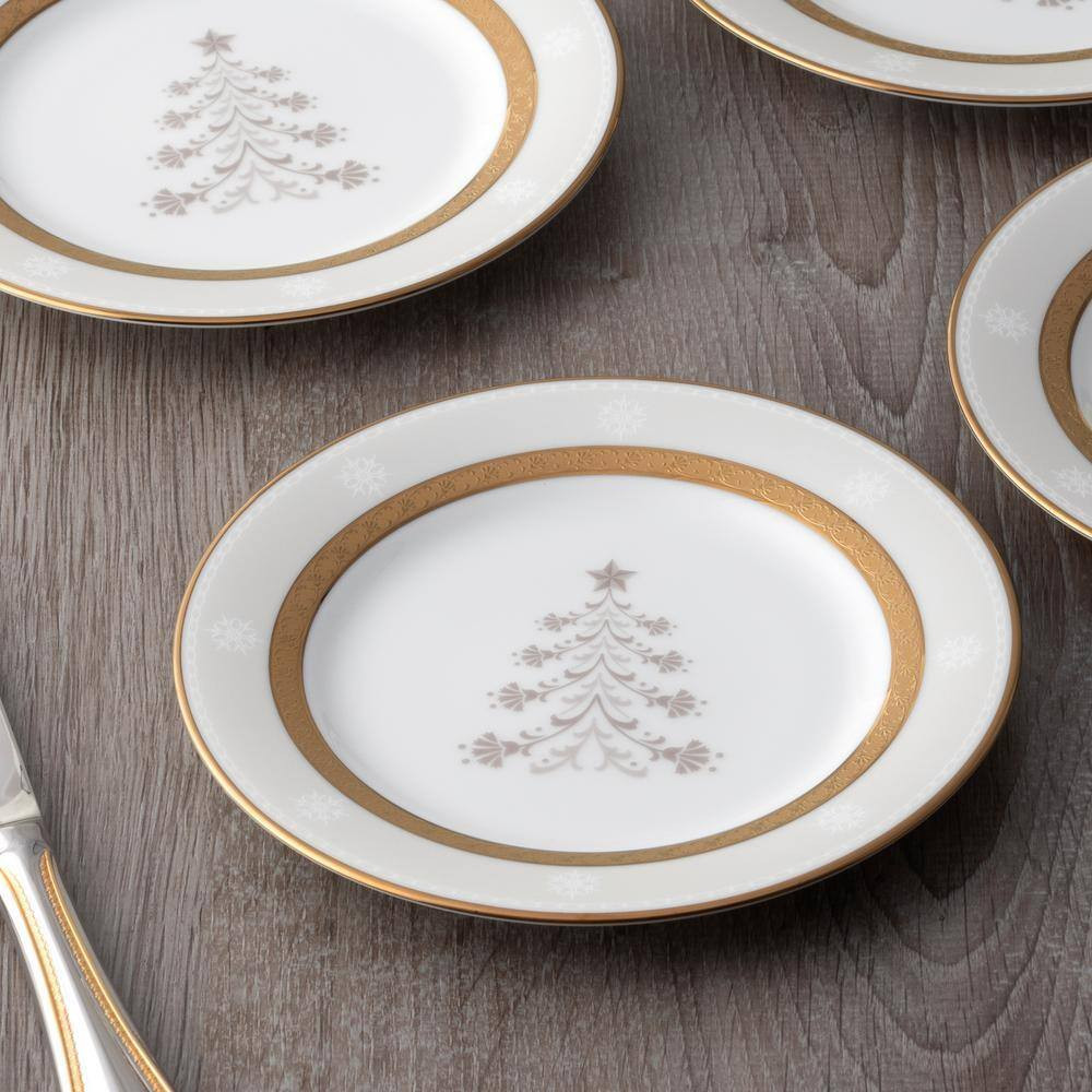 Charlotta Gold 6.25 In. (Gold) Porcelain Holiday Tree Appetizer Plates, (Set of