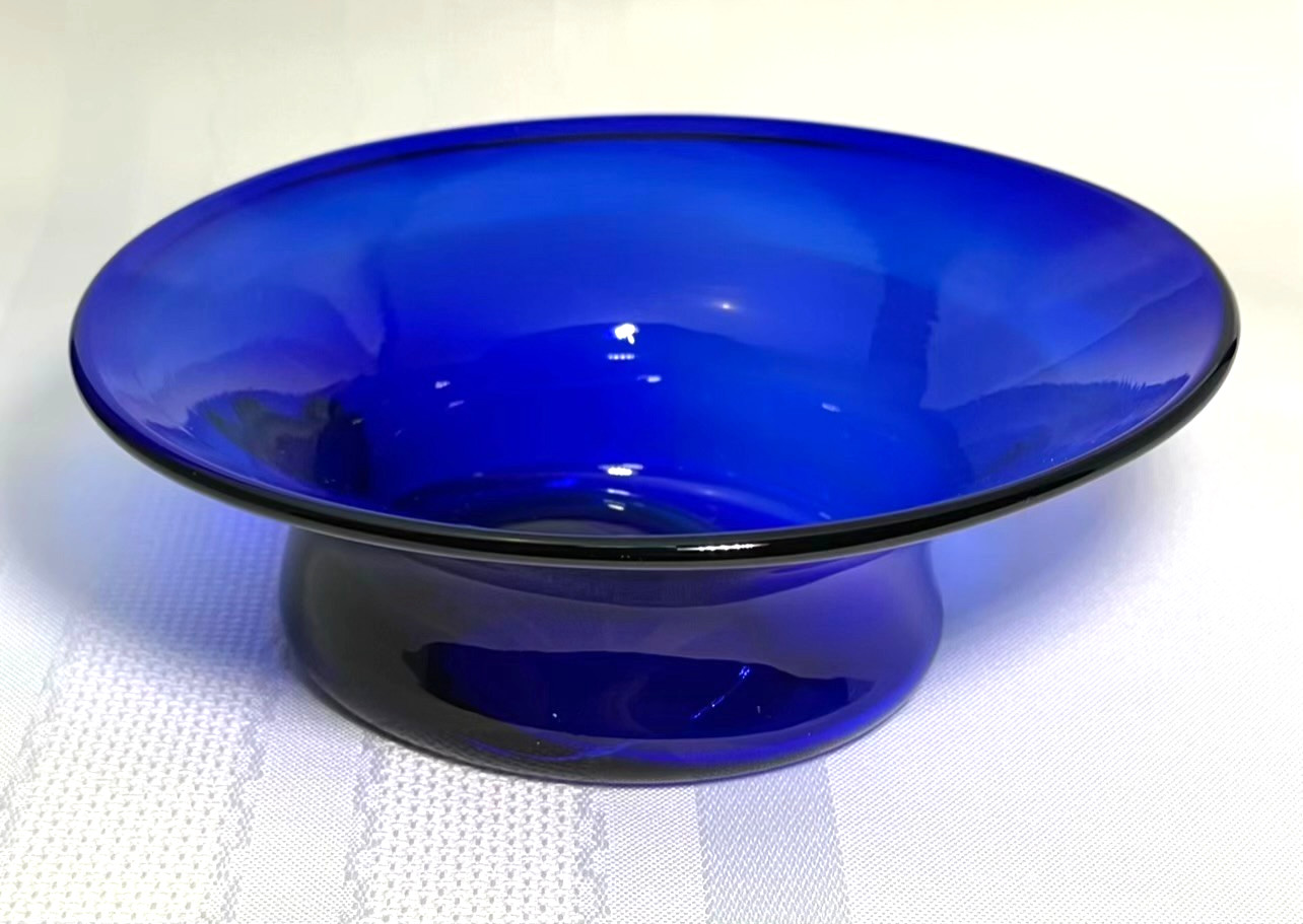 JW Shelton Cobalt Blue Glass Footed Candy Dish Bowl Asymmetrical Signed 5.5×2″