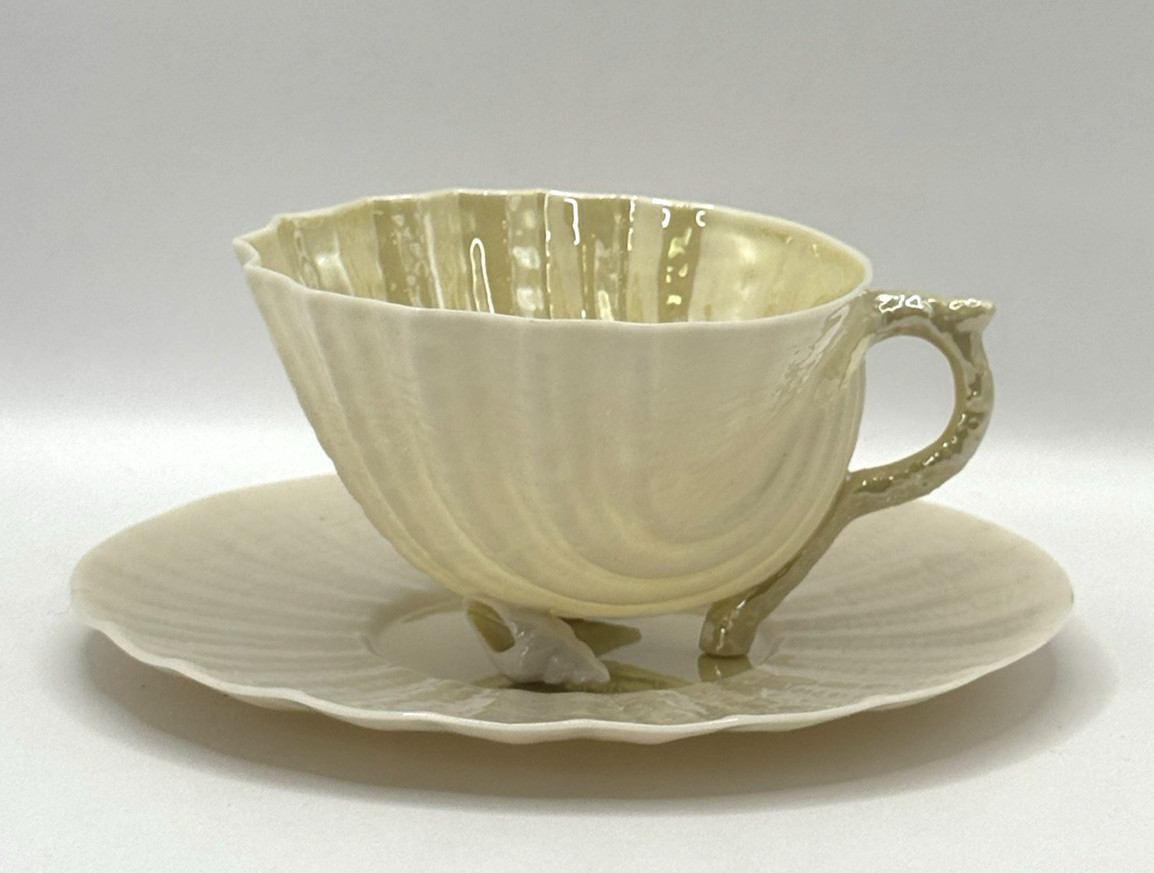 Belleek Neptune Shell Footed Cup and Saucer Yellow Ireland ~ Green Mark