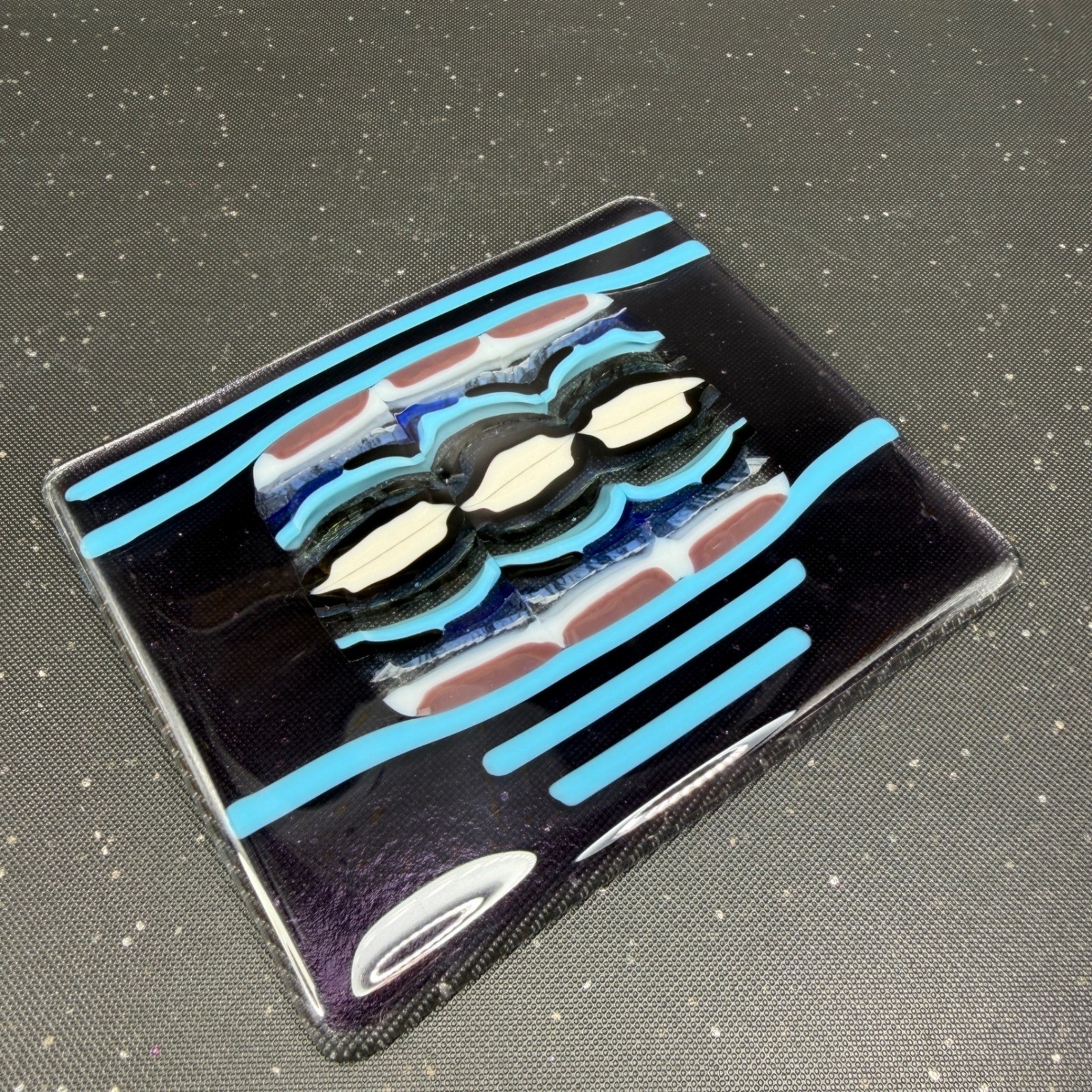Handmade Fused Glass Art Plate Abstract Geometric Purple Turquoise 6×5 Inch