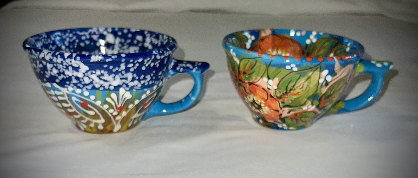 Hand Painted Artisan Crafted Ceramic Folk Art Floral Abstract Coffee Tea Cups 2