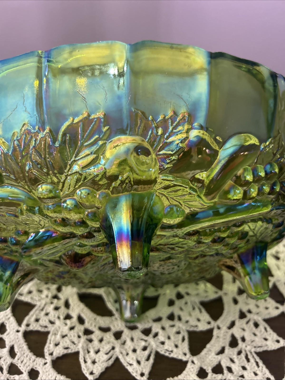Vintage Indiana Glass Iridescent Green Carnival Glass Footed Oval Fruit Bowl 12”
