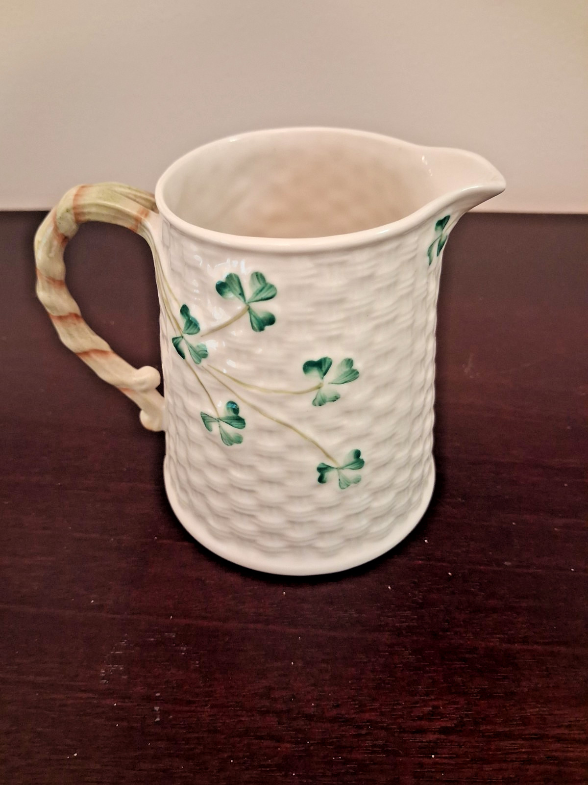 Belleek Ireland Basket Weave Shamrock Creamer