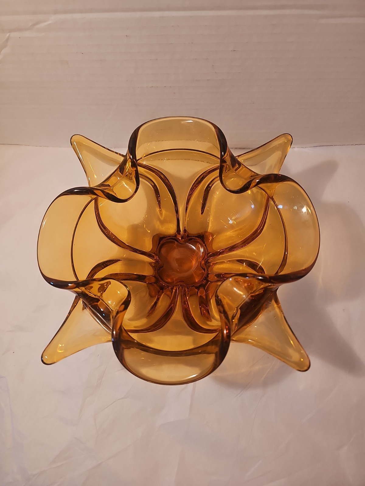 Viking Amber Chalet Four Point Ruffled Art Glass Bowl Dish Tray Vintage 9.25 In