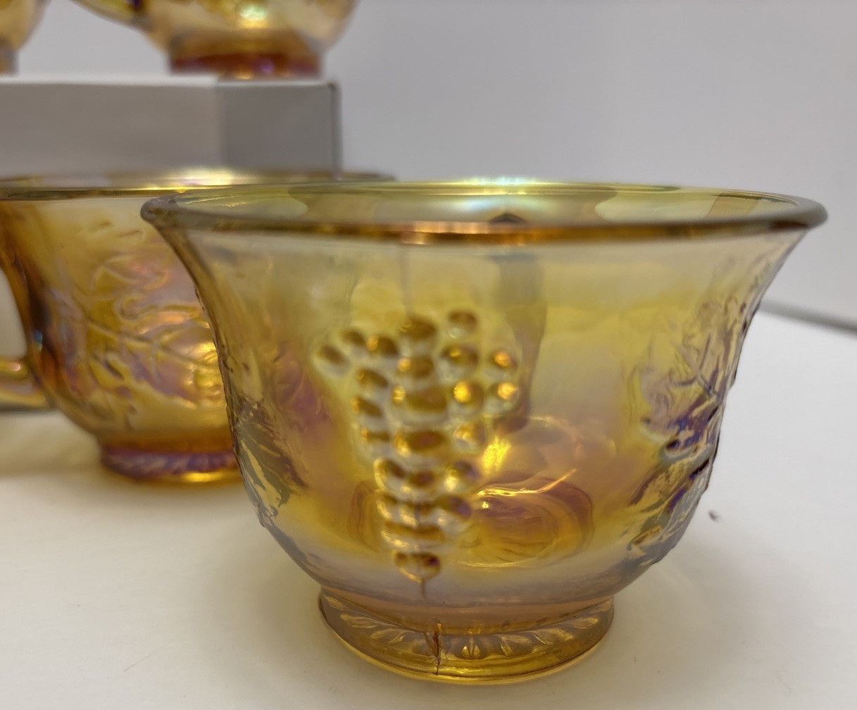 12 Indiana Carnival Glass Iridescent Gold Harvest Punch Bowl Cups w/ Hooks 6 oz