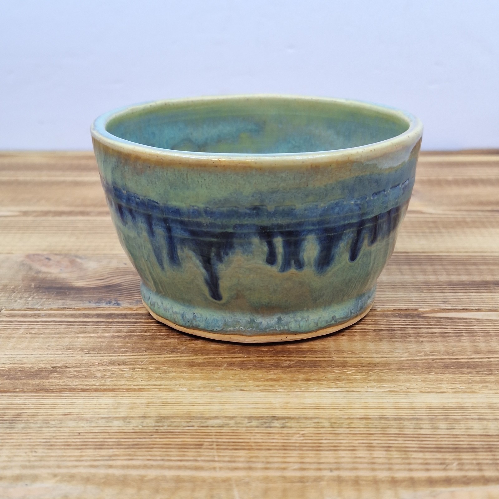 Vintage Hand Made Pottery Mug Signed Green Blue Neat Handle Signed