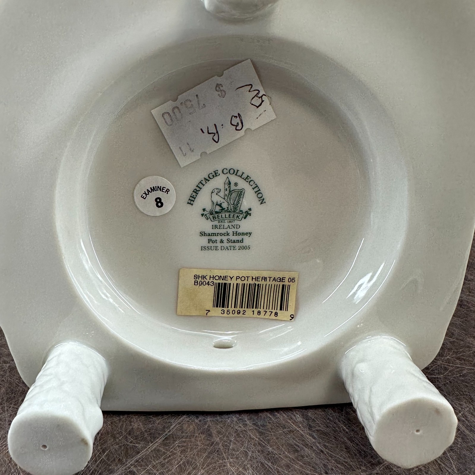 Belleek Honey Pot Jar with Spoon; Basketweave, Shamrocks, Bees