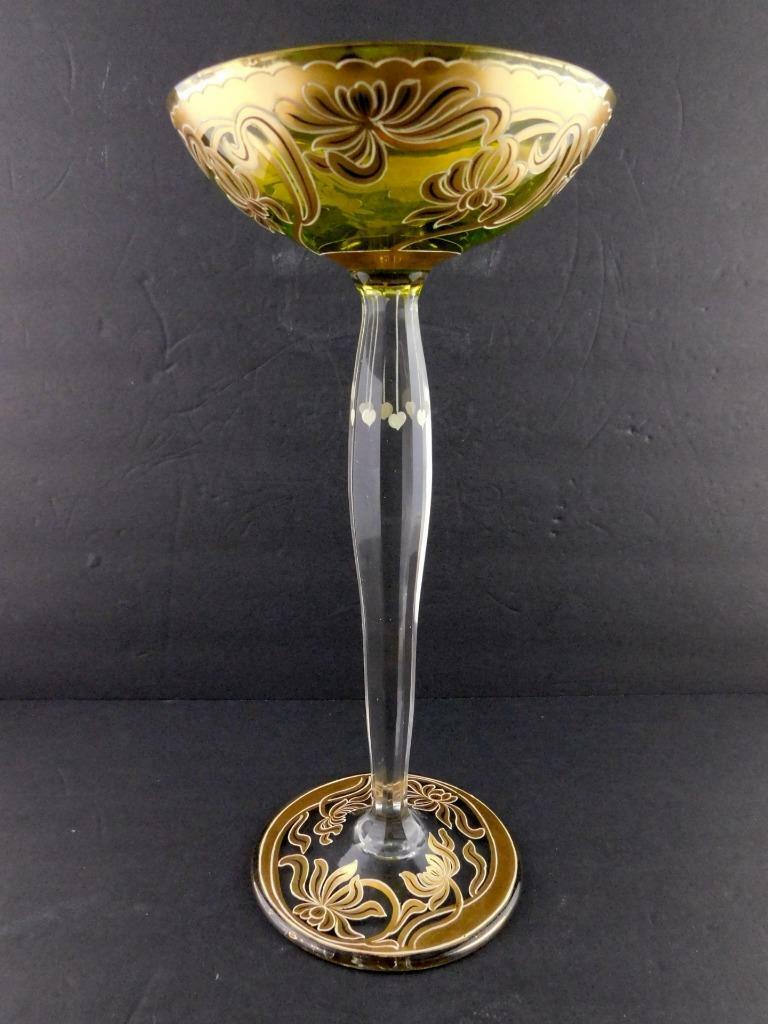 Art Glass Tall Stem Compote Dish Nouveau Floral Gold Green Clear X Mark