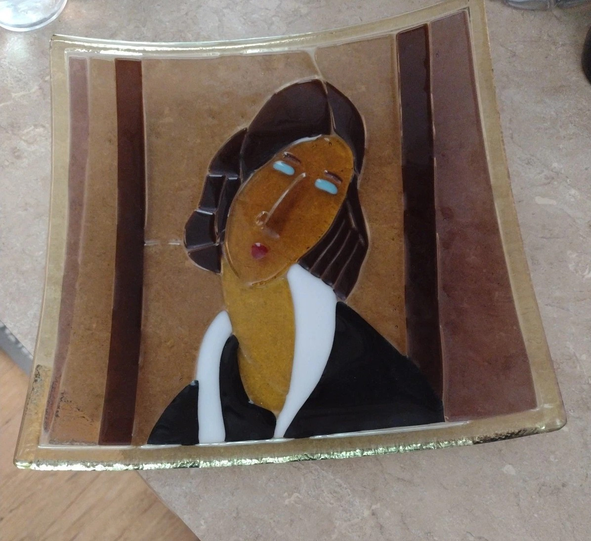 Omaggio a Modigliani Square Art Platter Fused Glass Blue Eyes Handmade Signed