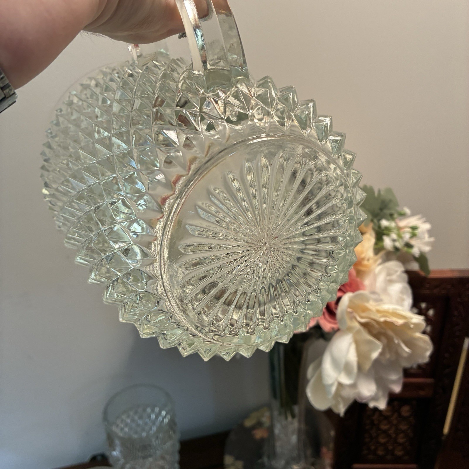 Vintage Indiana Glass Co. Pitcher Clear Diamond Point 52 oz+5 Glasses Water Tea