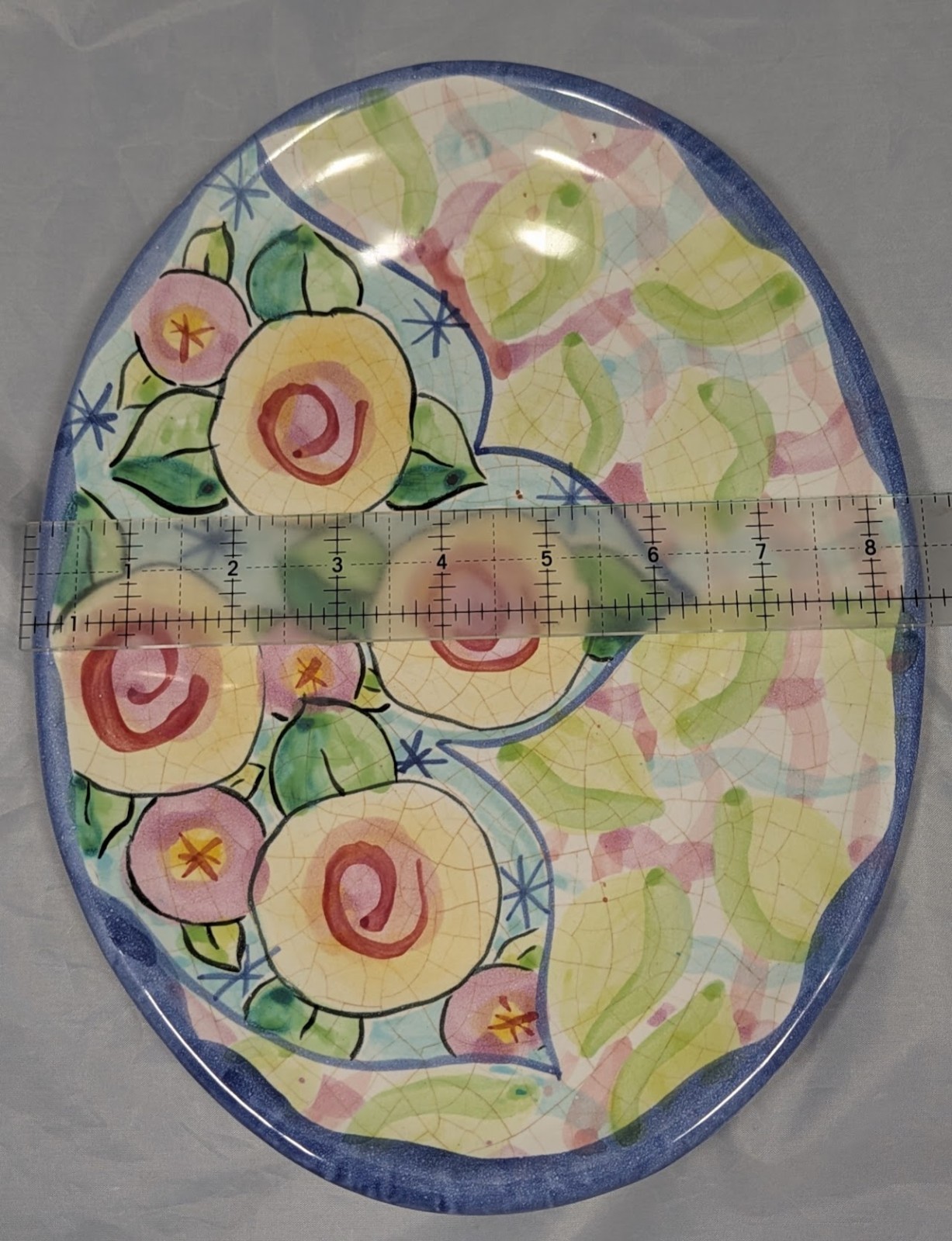 Damariscotta Pottery Platter Floral & Leaf Design Majolica Crackle Glaze 1992
