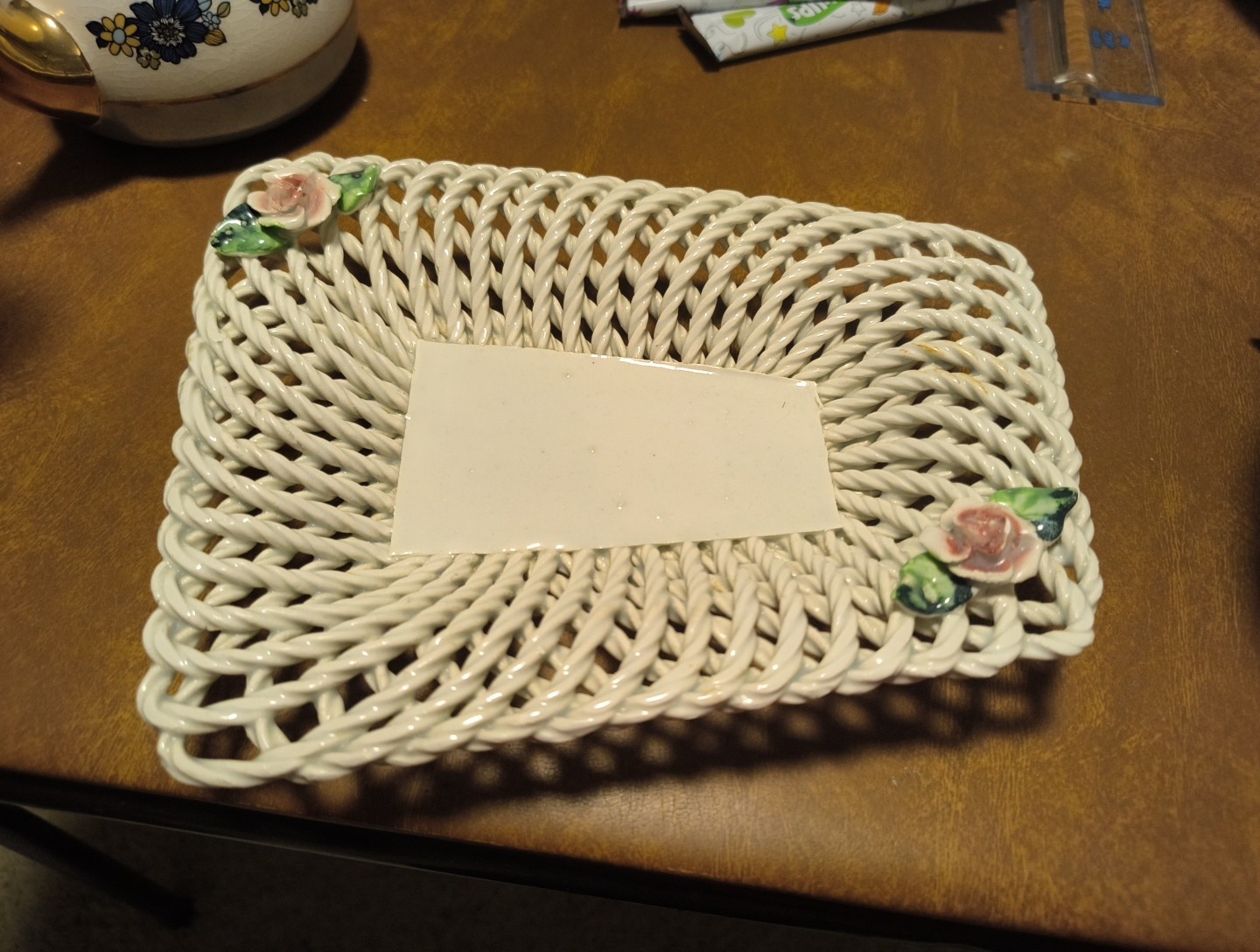 Vintage Asymmetrical Dish Ceramic Lattice Weave 1940s Hand Painted Spain