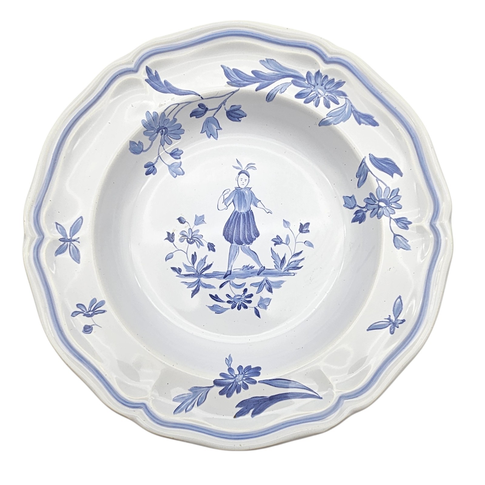 VTG Longchamp France Moustiers Blue Rim Soup Round Bowl Porcelain Floral 9″