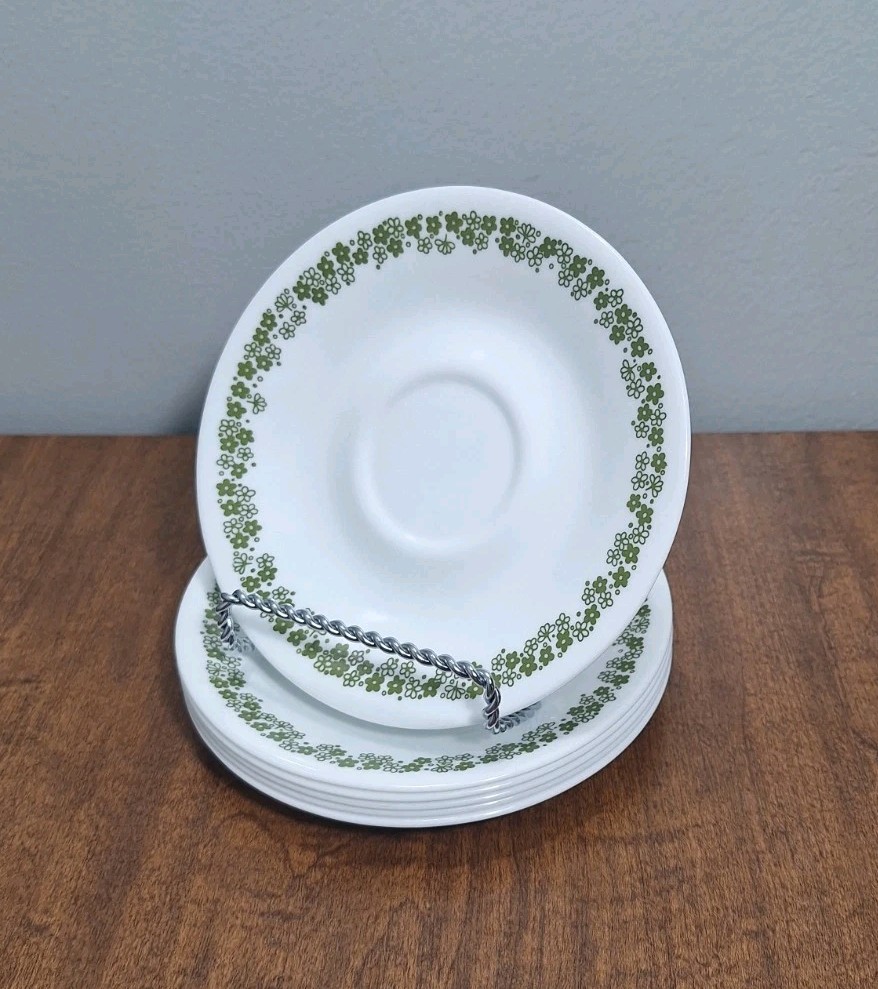 Set Of 6 Vtg 70s Corelle 6.25 In Saucers Green Flora Spring Blossom Crazy Daisy