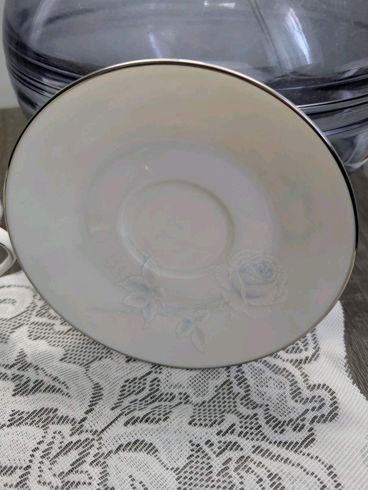Noritake Virtue Tea Cup and Saucer Platinum Trim White & Blue Japan 2934 Vintage