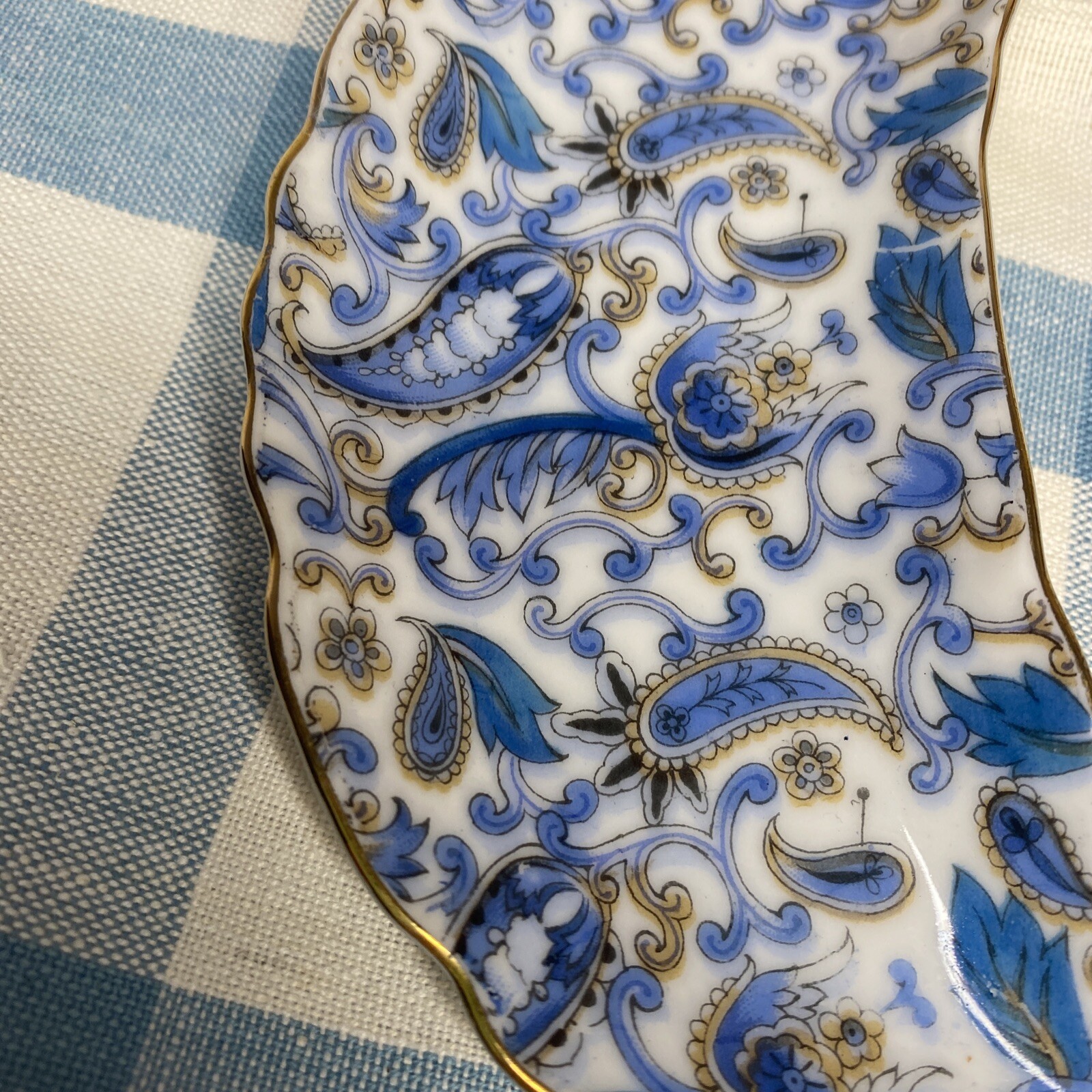 Vintage Lefton China Blue & Gold Paisley Crescent Bone Dish