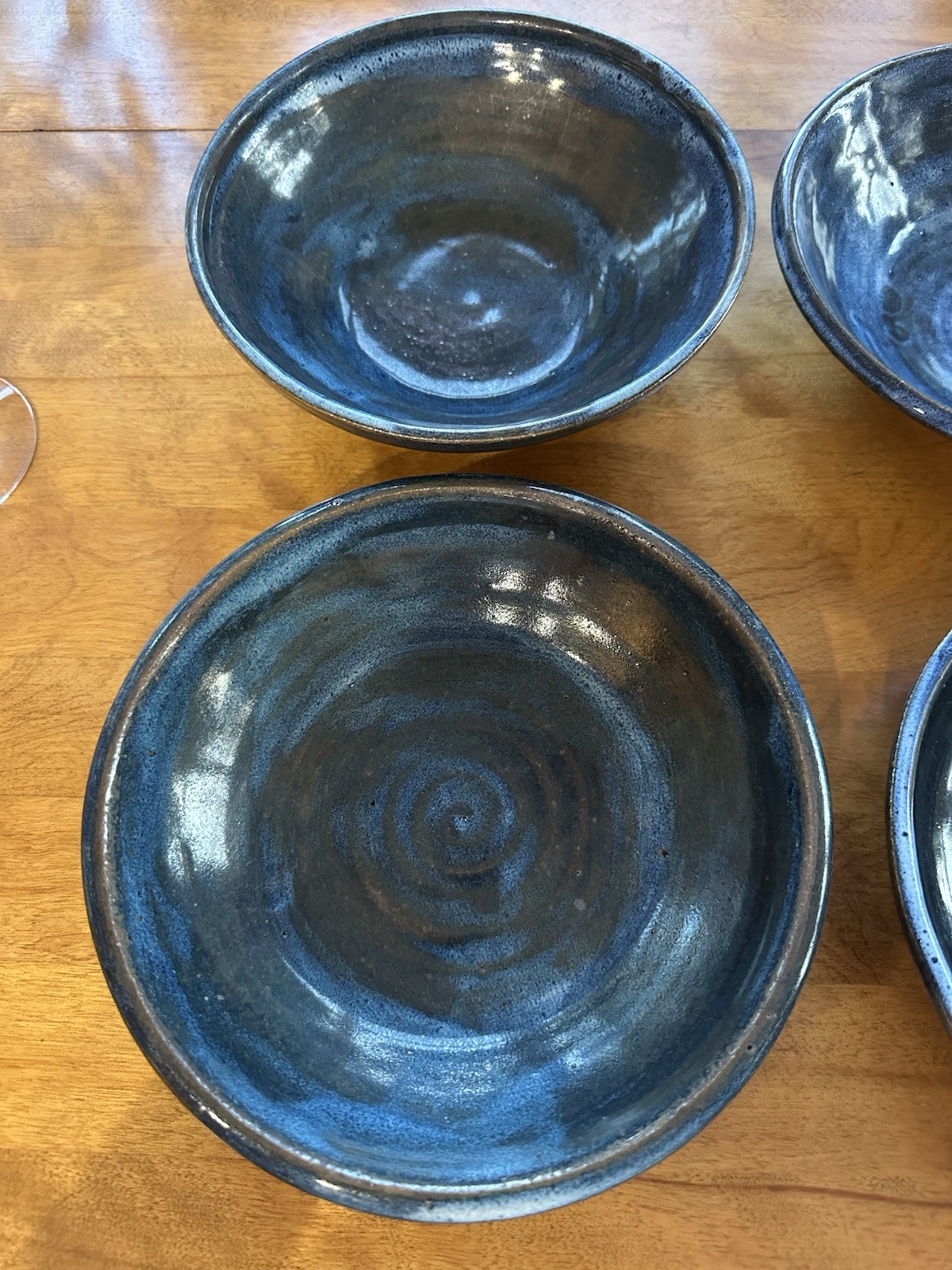 Set 6 Signed Hand Thrown Stoneware Blue Glaze Pottery Bowls 8” Approximately