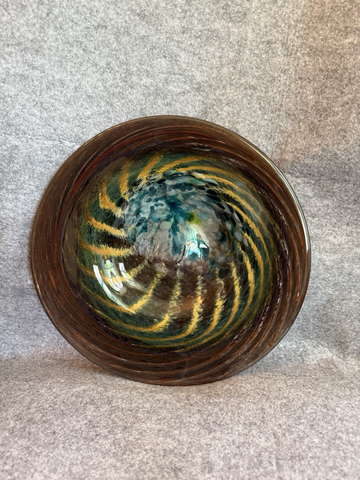 Contemporary Piece Of Art Glass Featuring A Swirling Design Brown, Blue & Yellow