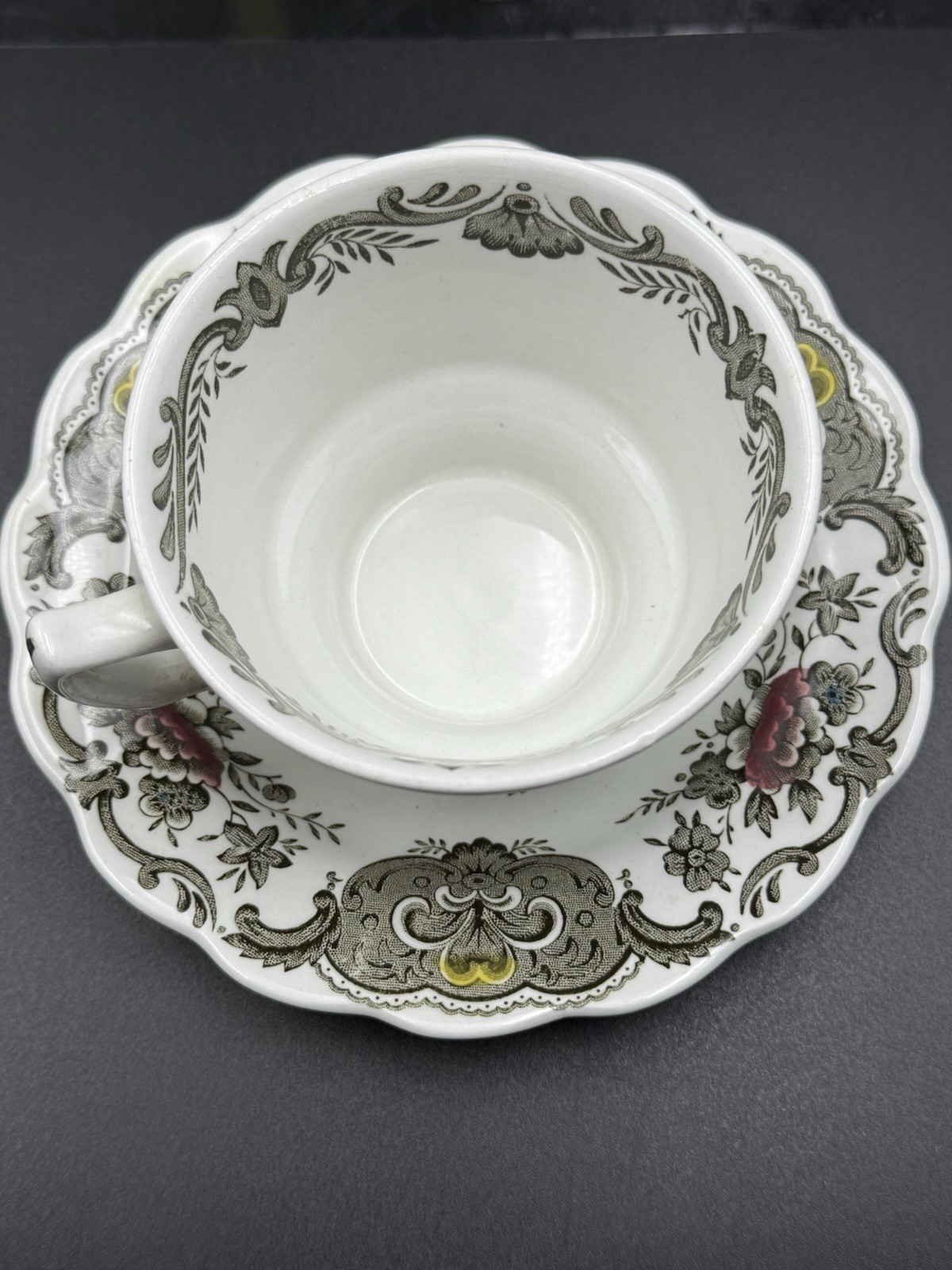 Ridgway Staffordshire Windsor England Cup & Saucer Set Floral Green Brown Red