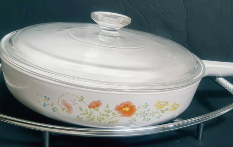 Rare Corning Wild Flower Range Topper N-10-B 10″ Skillet & Trivet Excellent