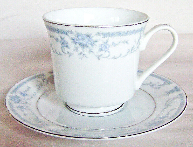 Sheffield “BLUE WHISPER” FOOTED CUP & SAUCER Blue Flowers & Scroll, Japan 1985