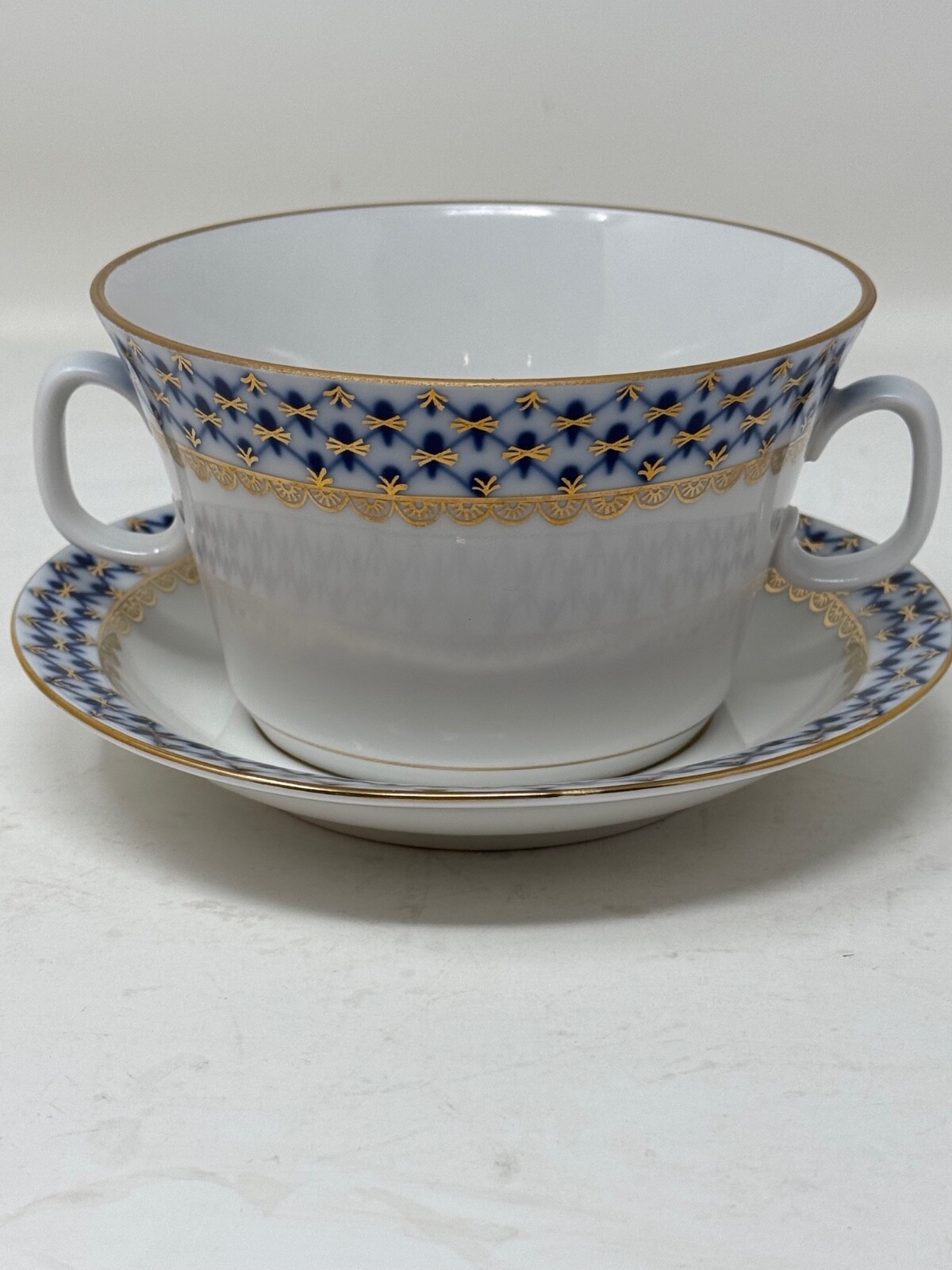 Lomonosov Imperial Porcelain Russian COBALT NET SOUP BOWL with SAUCER 4 NEW