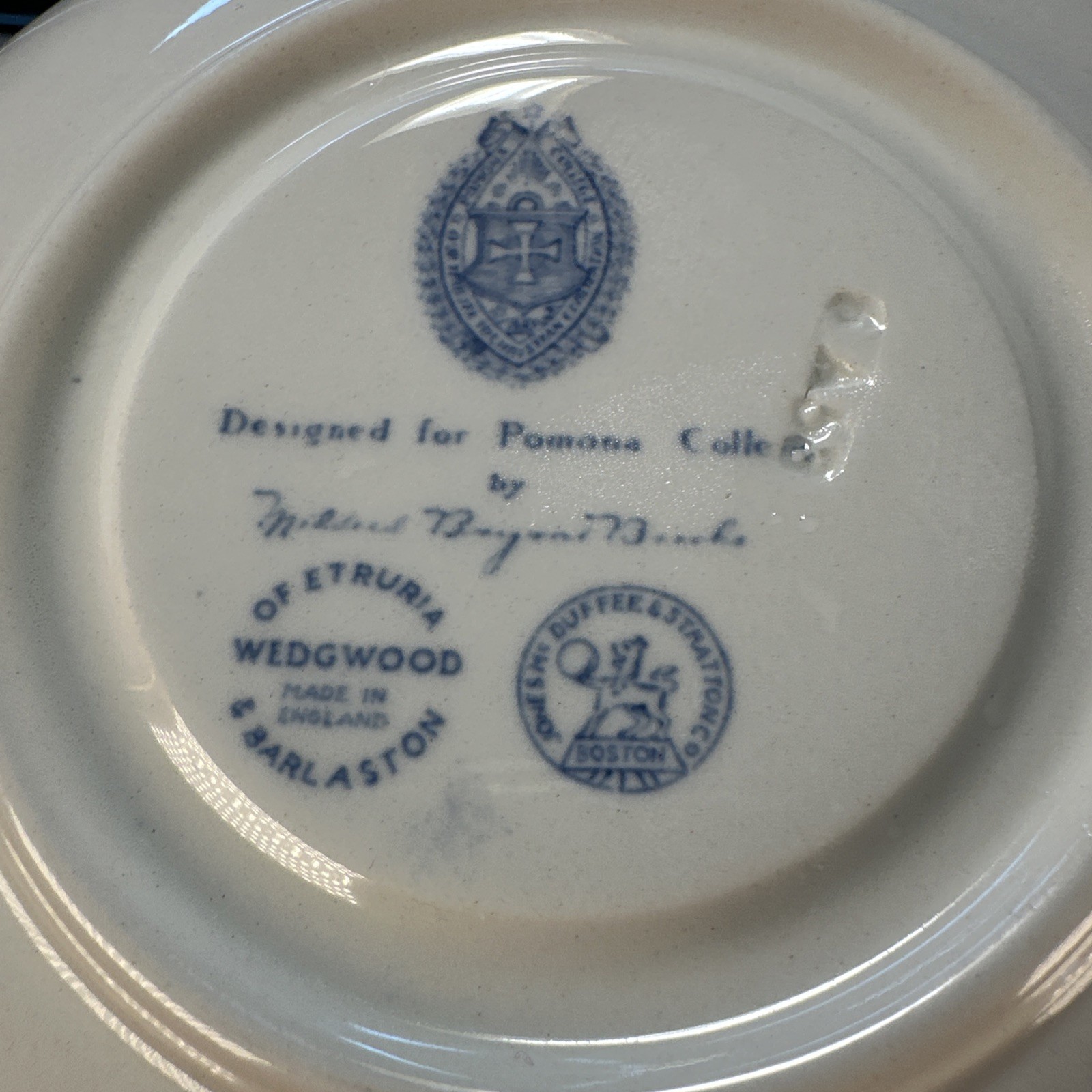 Vintage Wedgwood Pomona College Footed Cup & Saucer Blue White England