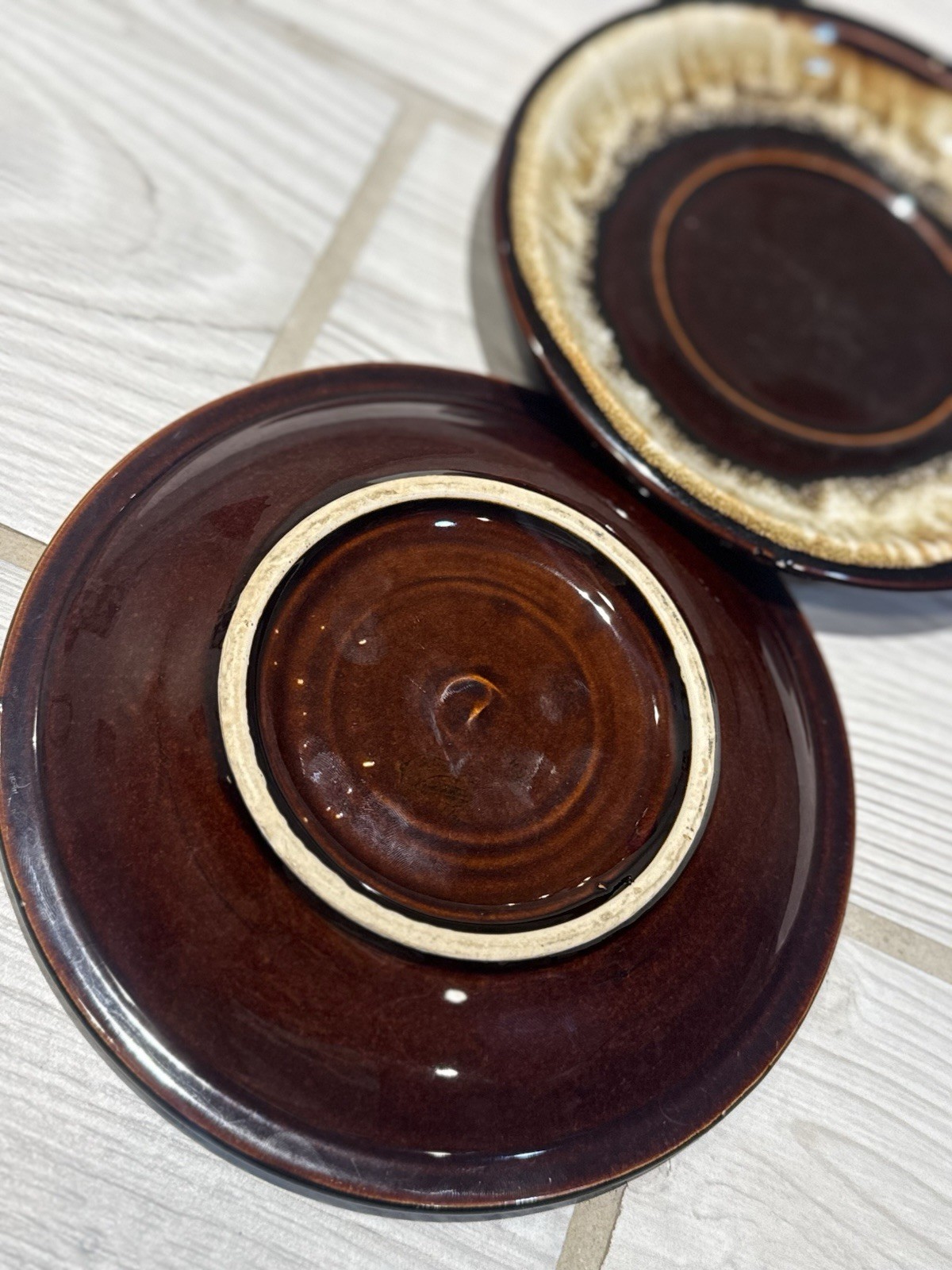 Vintage Pfaltzgraff Stoneware Saucers x2 6.5-7 inches Brown Drip Glaze