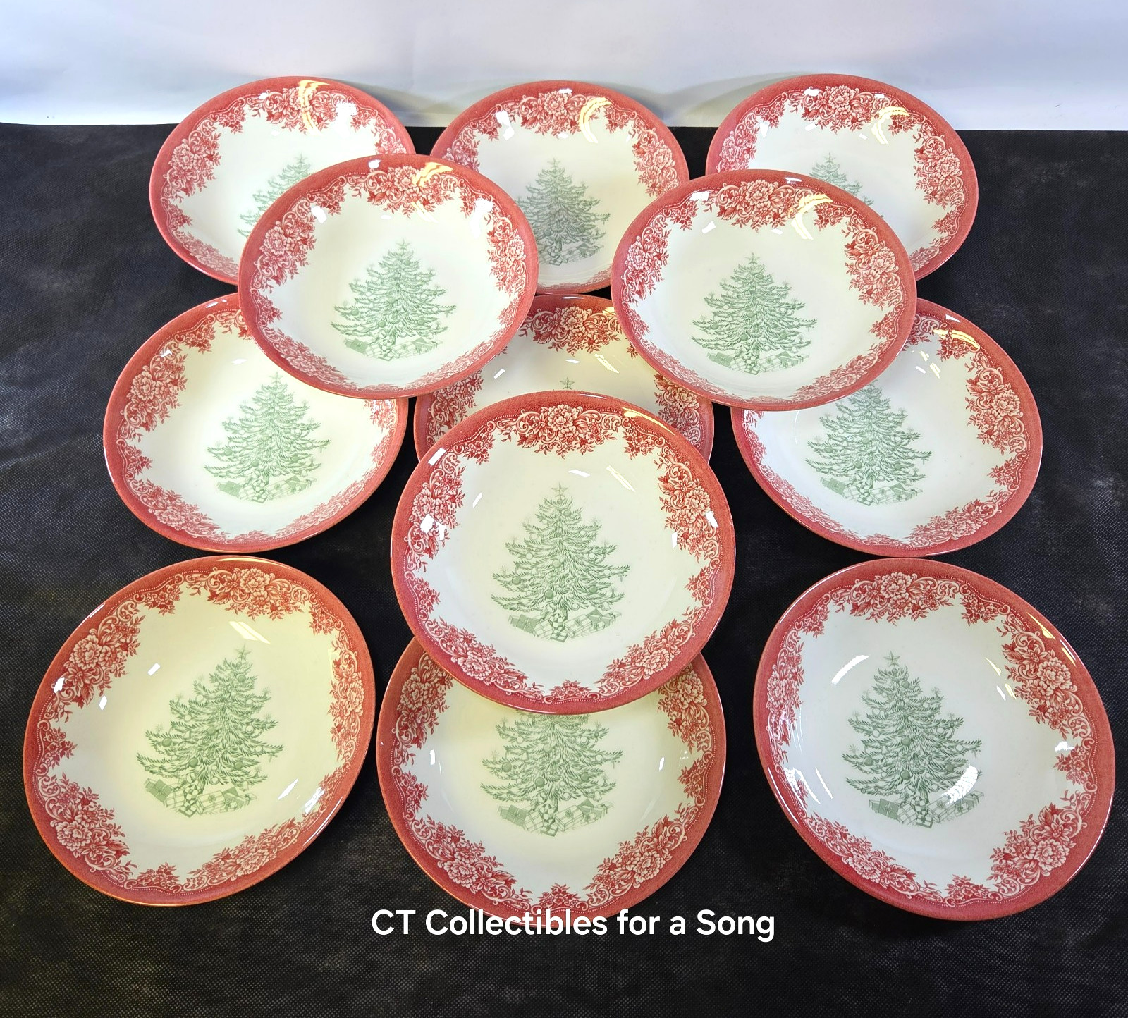 NEW Set 12 Royal Stafford Red Green Christmas Tree Pasta Bowls 9″ In Box Holiday