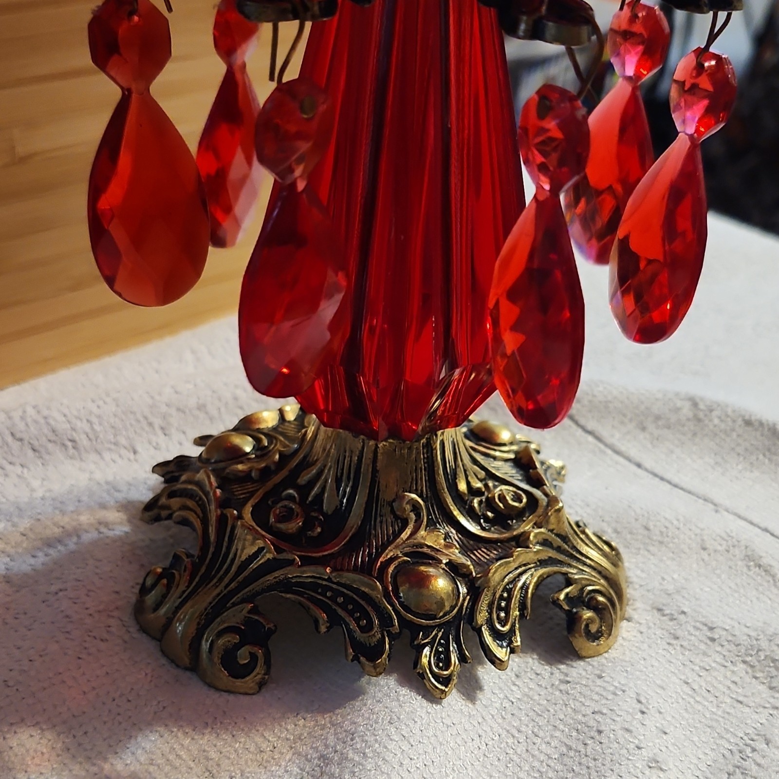 Red Glass Pedestal Compote Bowl w/ Hanging Prisms, Ornate Gold-Tone Base