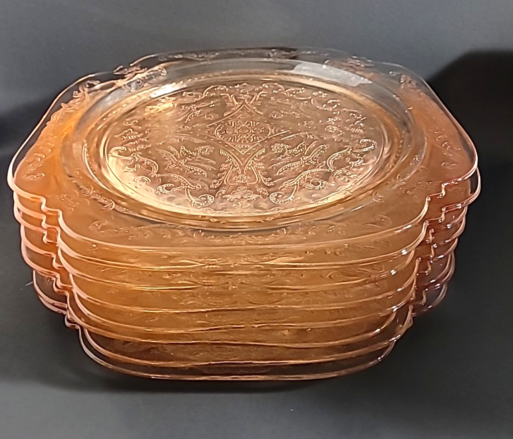 FEDERAL GLASS Madrid Pink Depression Glass 10.25″ Square Dinner Plate Set of 8