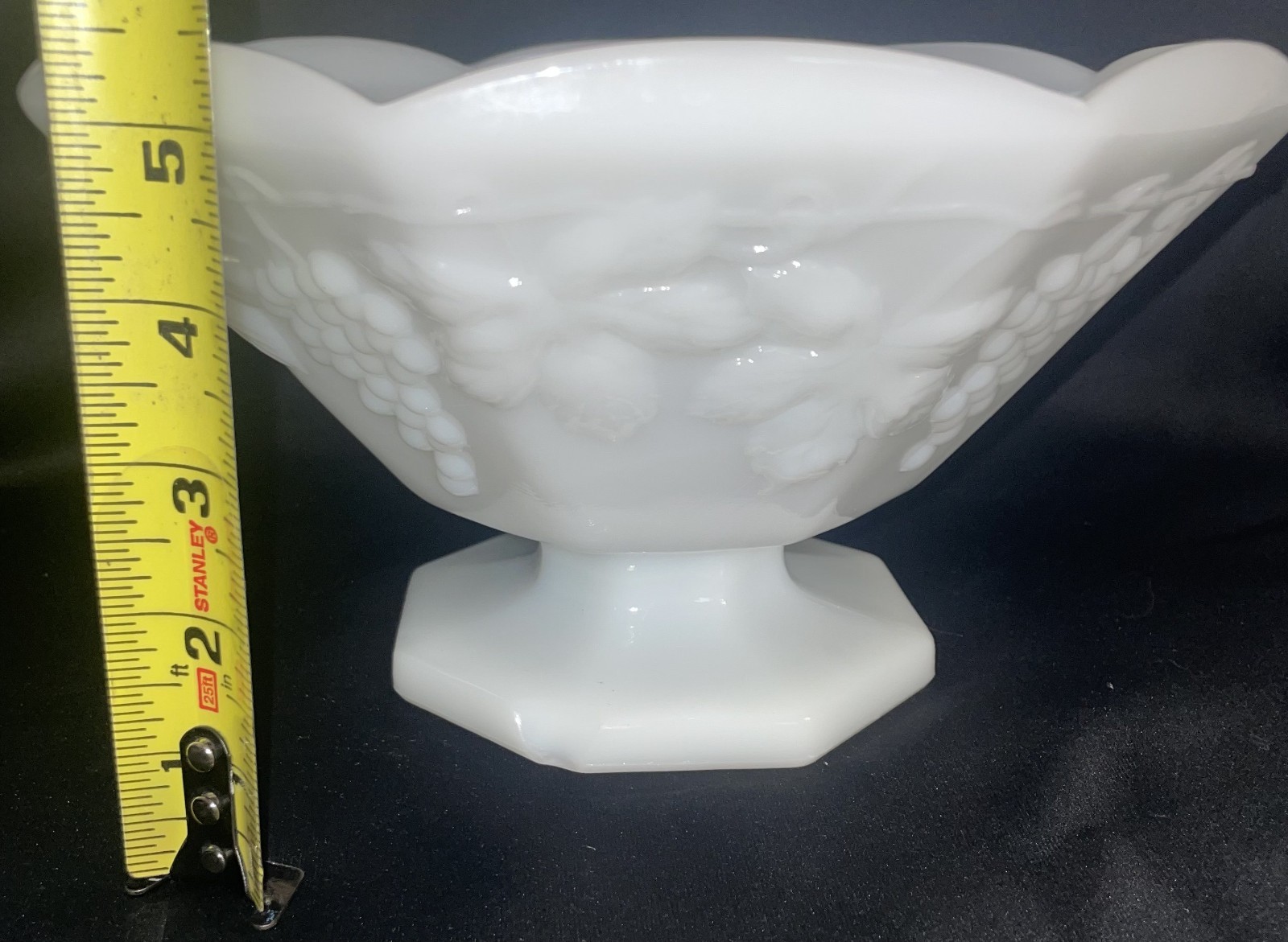 Milk Glass Grapes and Leaves Footed Pedestal Fruit Bowl Octagon 9 1/2 Inches