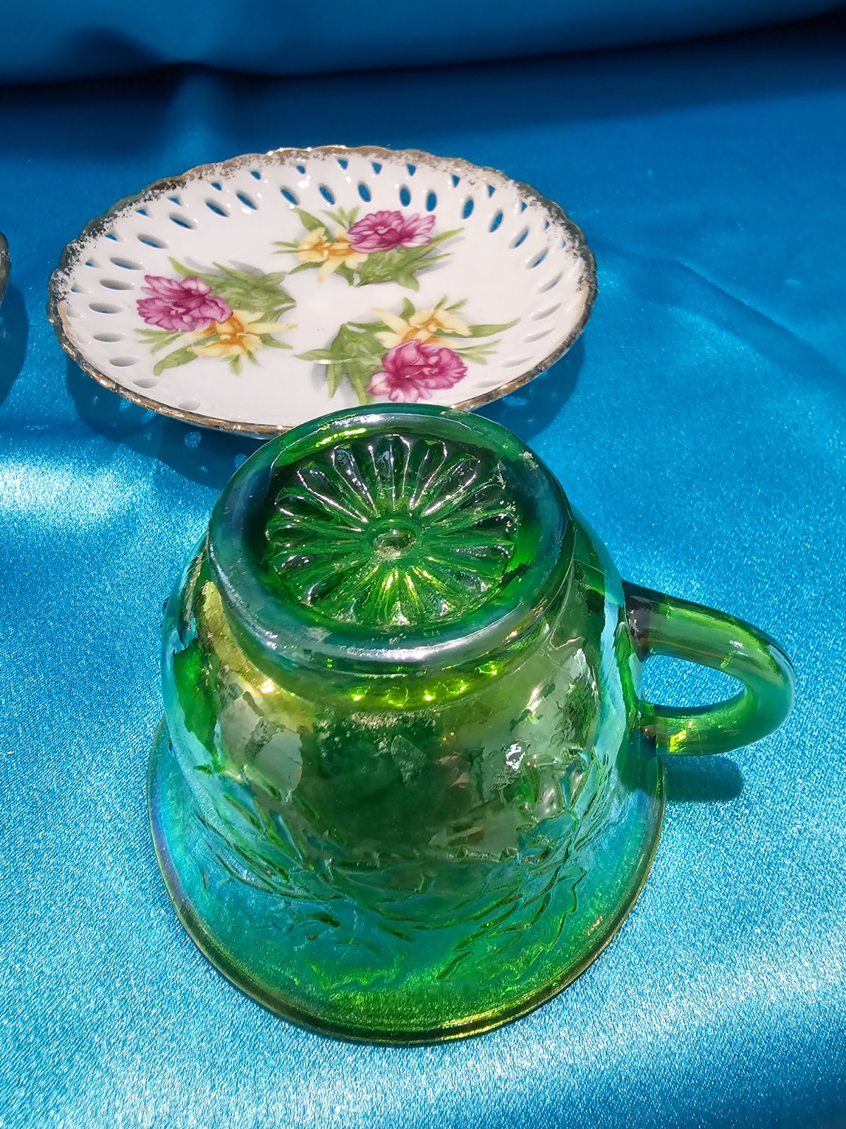 Set of 2 Green Glass Teacups & Bone China Saucers Miss Matched