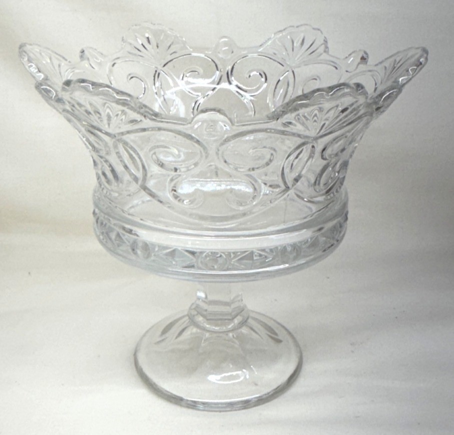 Elegant Vintage Fostoria Glass Clear Crown Pedestal Footed Bowl 9″