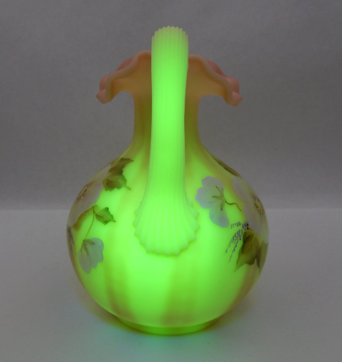 FENTON BURMESE URANIUM GLASS BILL FENTON 56 YEARS ANNIV. PITCHER, SIGNED, 6-1/2″