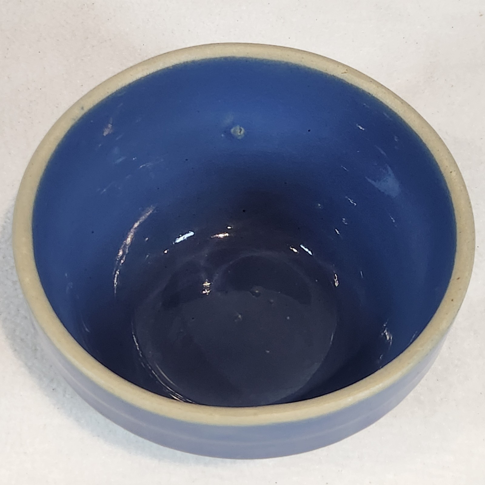 Antique Yellow Ware Cobalt Blue Dough Mixing Bowl w/ Beehive Sides 5” Wide USA