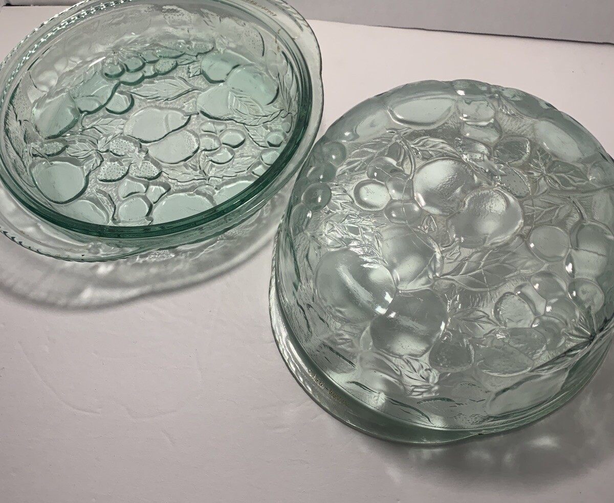 Sale Vintage Libbey Orchard Fruit Green Glass 3 QT Casserole Baking Dish Pie Lid