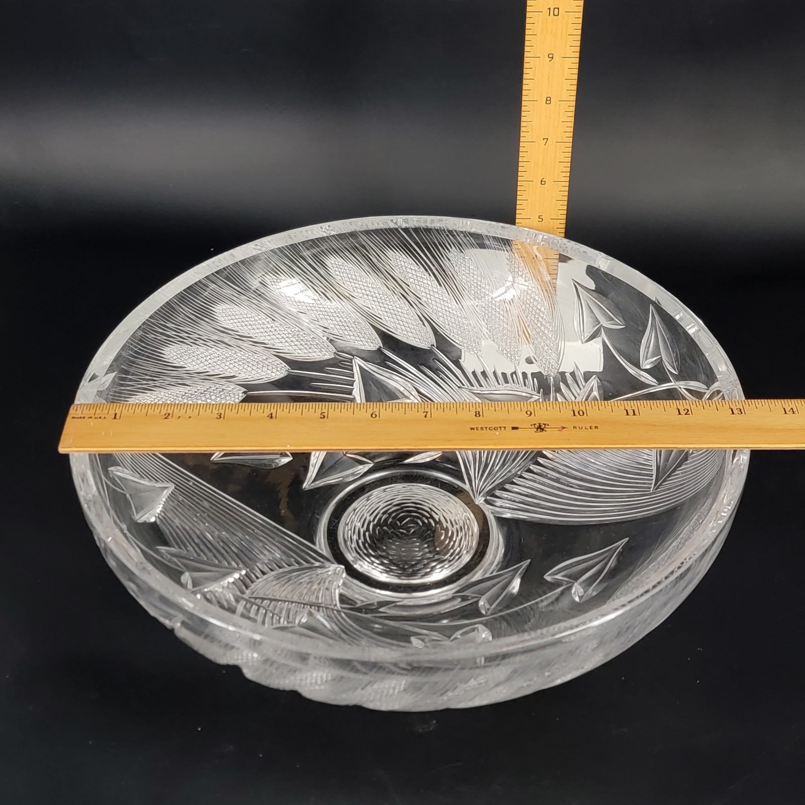 HTF Signed Josef Svarc 13.25″W Intaglio Cut Crystal Console Bowl Wheat Czech