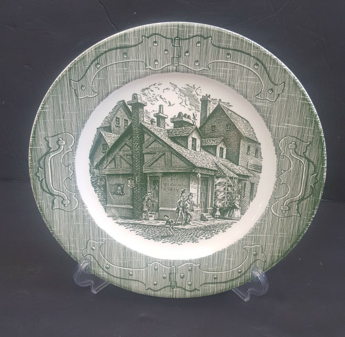 Set Of 9 The Old Curiosity Shop Green Transferware 10” Dinner Plates NOS