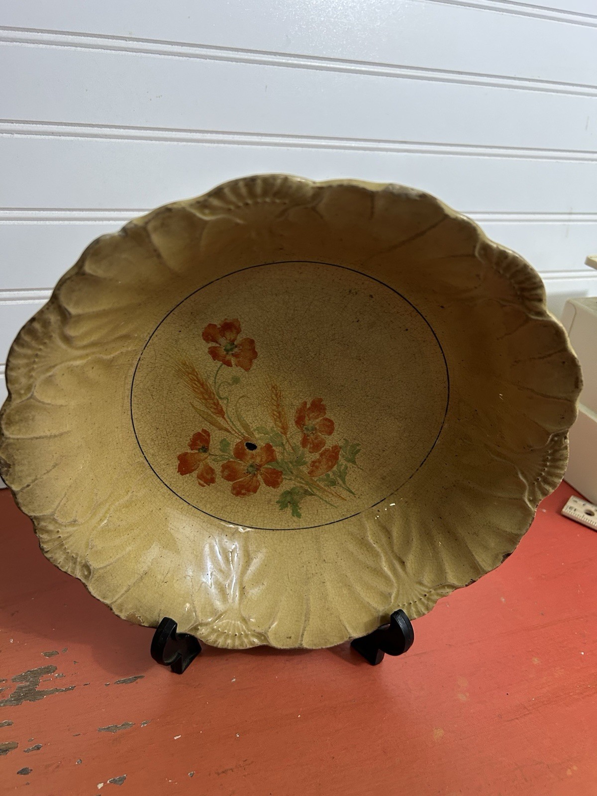 Antique Vintage Serving BOWL Heavily Stained & Crazed Toasty Floral Queen Wheat