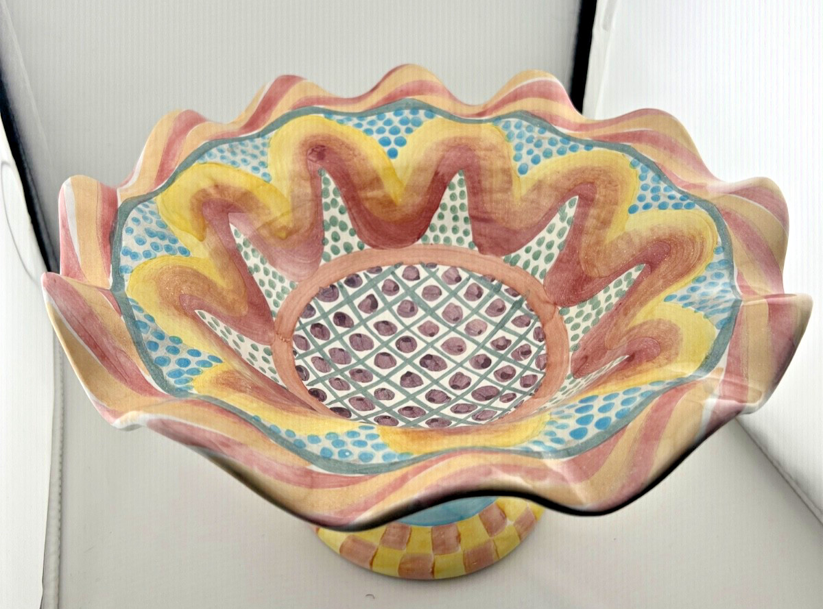 Vintage MacKenzie Childs Keukenhof Taylor Fluted Pedestal Compote Bowl