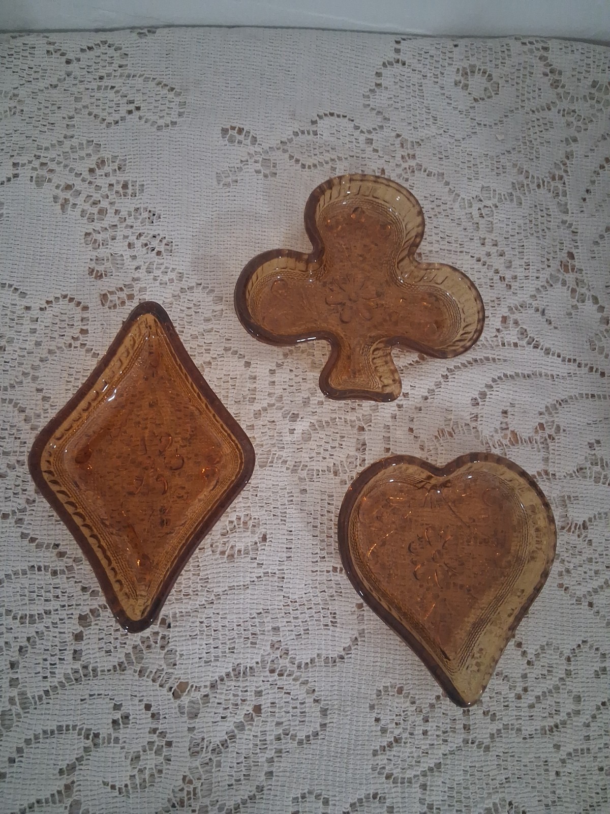 Vtg Lot (3) Indiana Tiara Amber Trinket Dishes Diamond/Heart/Club Ashtray Glass