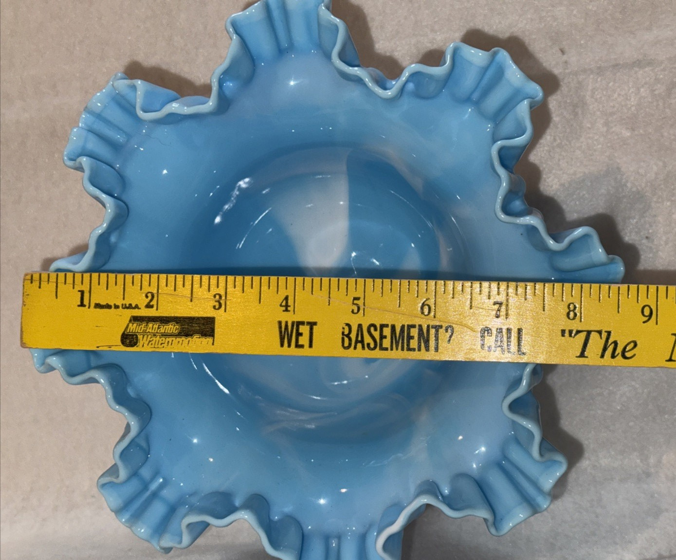Vintage Fenton Blue Milk Marble Glass Hobnail Pedestal Bowl Ruffled Edge White