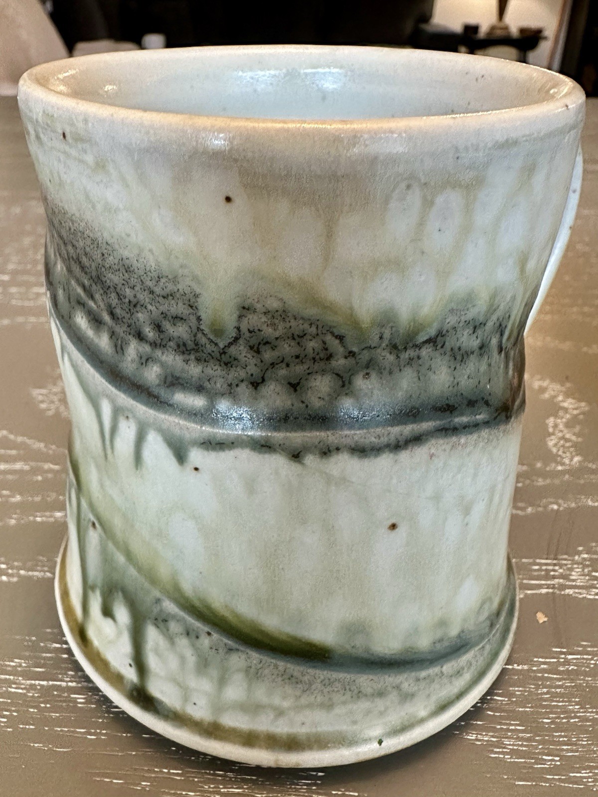 Studio Art Pottery Mugs Set Of Two Earthy Green Drip Glaze Signed Charlie Tefft