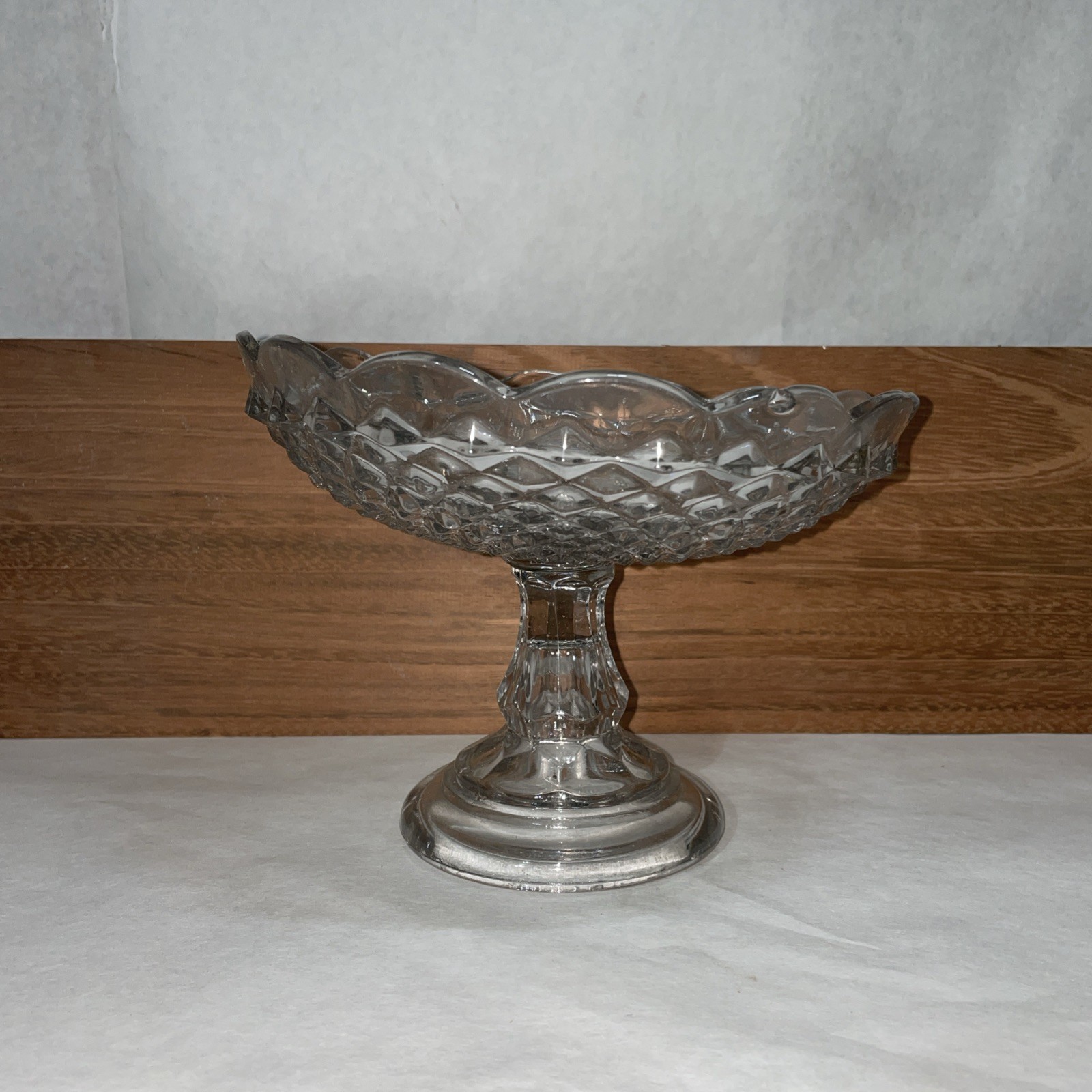 Pressed Glass Pedestal Candy Dish or Compote Scalloped Edge Bowl 6.5”H X 9”W