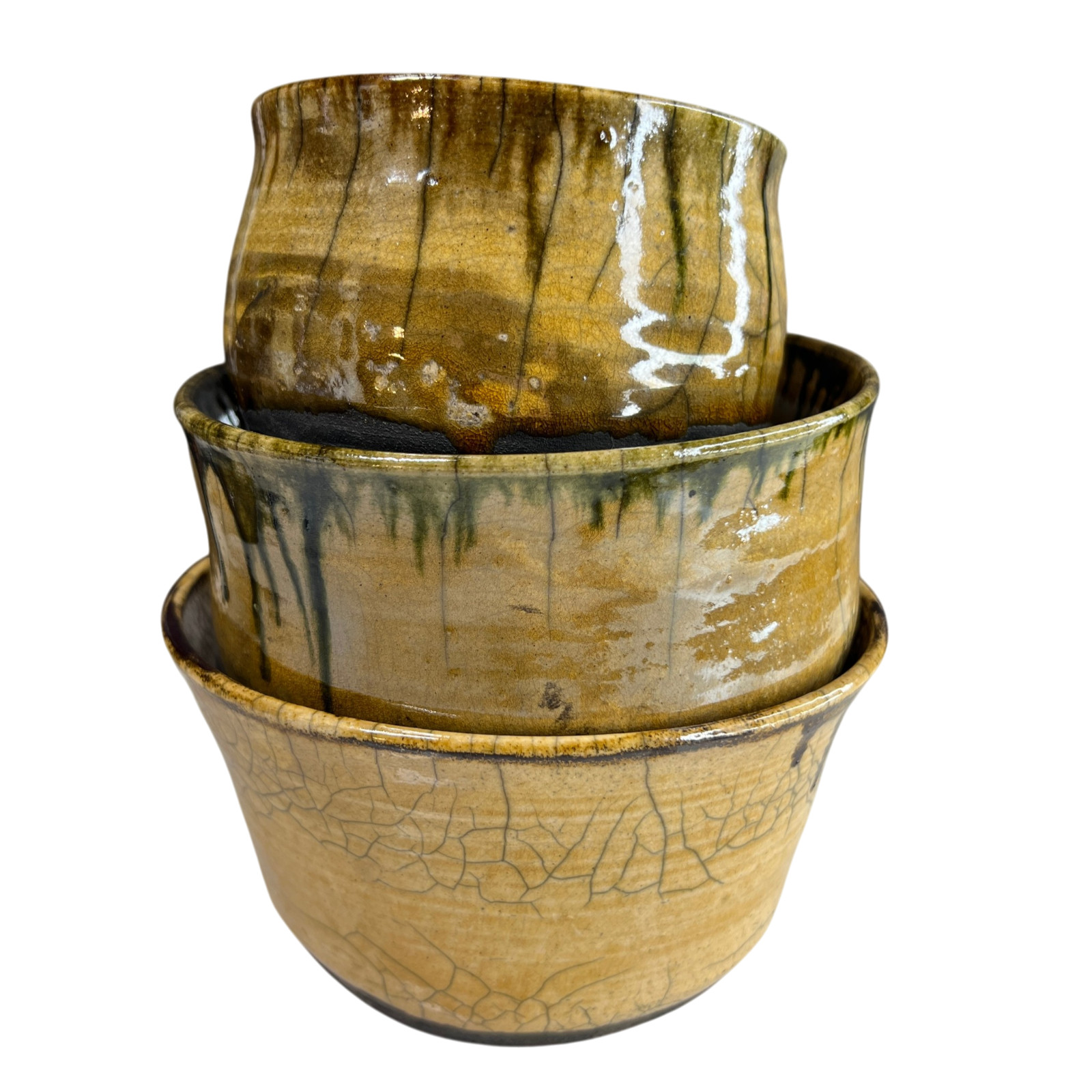 Handmade Studio Pottery Bowl Set 3 Signed Alyce Drip Glaze Ceramic