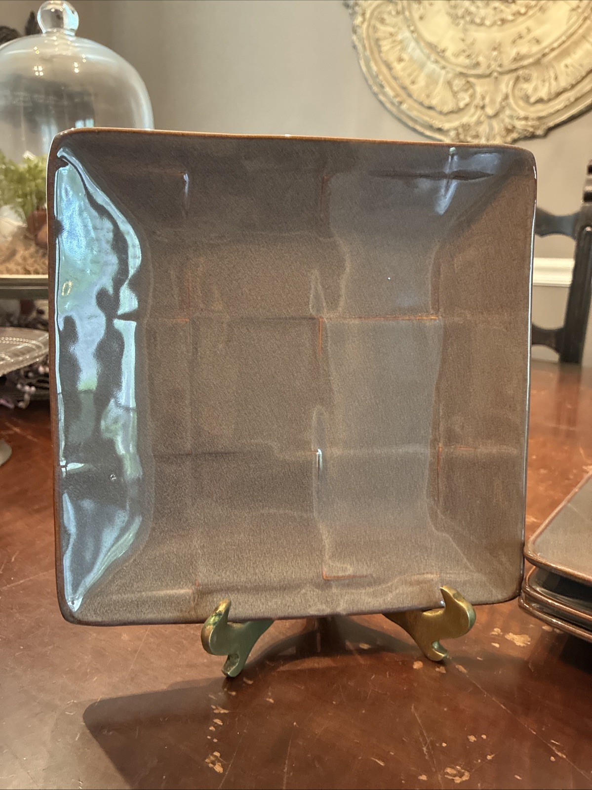 4-Pier 1 Dark Gray Cubic Incised Lines Square Salad/Dessert Plates 8”x8”